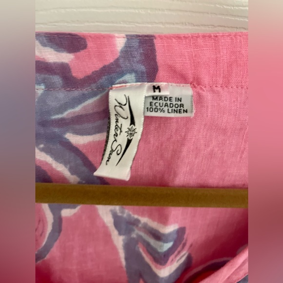 Womens Linen Top Blouse Dress Handpainted V-Neck Size M Winter Sun Pink - Picture 2 of 6